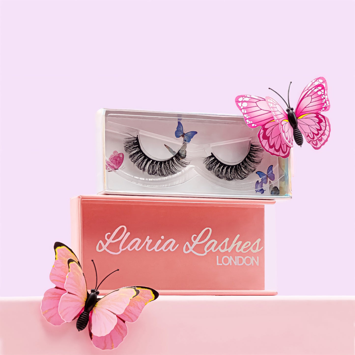 long and wispy bold d curl russian style lash faux mink false eyelashes in lash box with butterflies.
